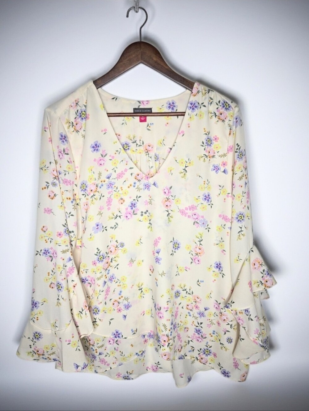 Vince Camuto Floral V-Neck Tiered Bell Ruffle Sleeve Boho Blouse Size L